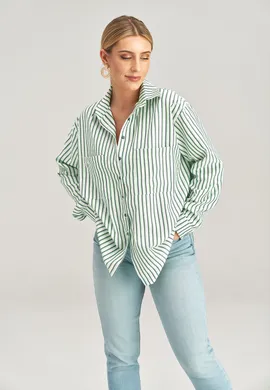 Elegancka koszula damska w biało-zielone paski M1024 rozmiar L/XL