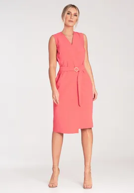 Elegancka sukienka midi - Sukienka midi z paskiem - koralowa sukienka M1066 rozmiar L