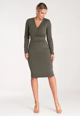 Elegancka sukienka dopasowana - Prosta sukienka - Sukienka oliwkowa M1078 rozmiar L
