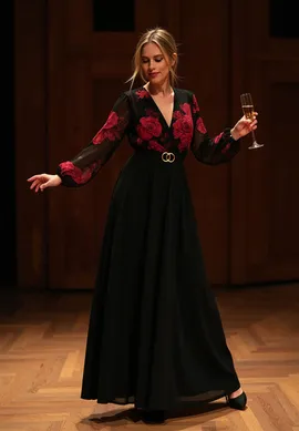 Czarna sukienka w czerwone kwiaty - Elegancka sukienka maxi - M1092 rozmiar L/XL