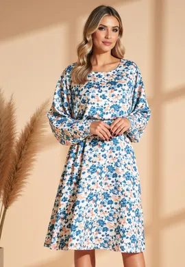Bufiasta sukienka - Sukienka kimonowa - Niebieska sukienka w kwiaty M1128 L/XL