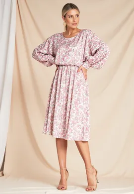 Bufiasta sukienka - Sukienka kimonowa - Różowa sukienka w kwiaty M1128 L/XL