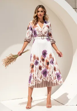Elegancka sukienka w kwiaty - Satynowa sukienka - Biała sukienka z paskiem M1138 r. L/XL
