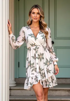 Zwiewna sukienka w kwiaty - Sukienka z falbanką - Zielona sukienka mini M1162 r. L/XL