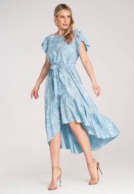 Elegancka sukienka w kwiaty - Sukienka z falbankami - Niebieska sukienka M1179 r. Uniwersalny