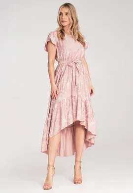 Elegancka sukienka w kwiaty - Sukienka z falbankami - Różowa sukienka M1179 r. Uniwersalny