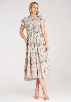 Elegancka sukienka ze stójką - Długa sukienka w kwiaty - Beżowa sukienka M1180 r. Uniwersalny