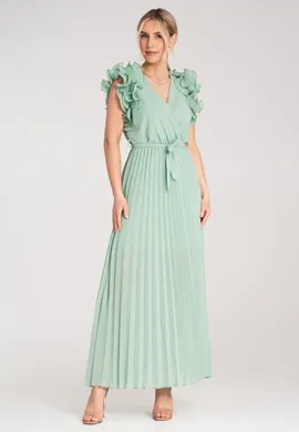 Plisowana sukienka maxi - Sukienka z falbanką na rękawach - Miętowa sukienka M1189 r. L/XL