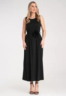 Elegancka sukienka bez rękawów - Sukienka z kwiatem - Czarna sukienka M1191 r. Uniwersalny