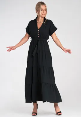 Letnia sukienka maxi - Sukienka z kołnierzykiem i falbankami - Czarna M1195 r. L/XL