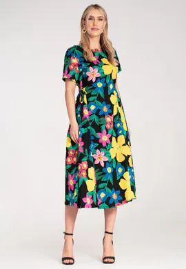 Elegancka sukienka w kwiaty midi - Sukienka z wiązaniem - Czarna M1218 r. Uniwersalny