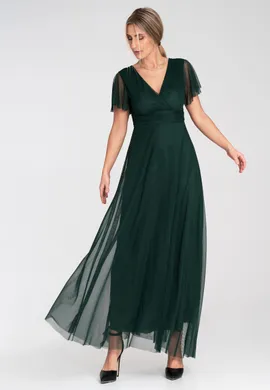 Zielona sukienka maxi z tiulem, kopertowy dekolt V, krótki tiulowy rękaw, elegancka sukienka wieczorowa - M1289, zielony, L