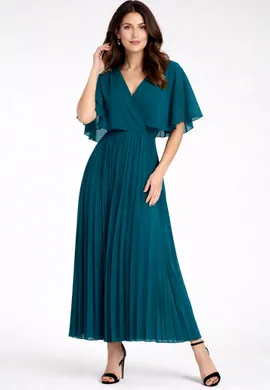 Elegancka sukienka maxi plisowana z kopertowym dekoltem V i krótkim rękawem - M1293, morski, L/XL