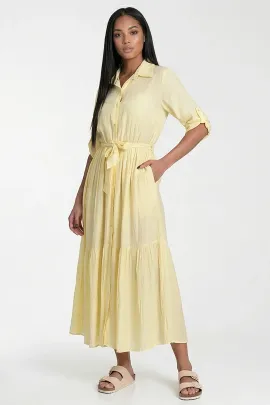 Elegancka sukienka koszulowa maxi szmizjerka z wiskozy z paskiem i kieszeniami na wiosnę/lato - M1312, żółty, L