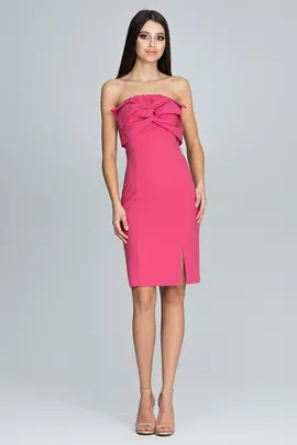 Elegancka wieczorowa sukienka bez ramiączek w kolorze koralowym z kokardą - M571 rozmiar L