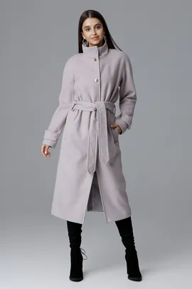 Elegancki jasny płaszcz damski z paskiem M624 rozmiar L