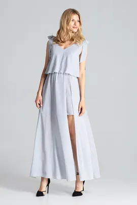 Elegancka szara sukienka z rozcięciem oraz dekoltem V - M691 rozmiar L