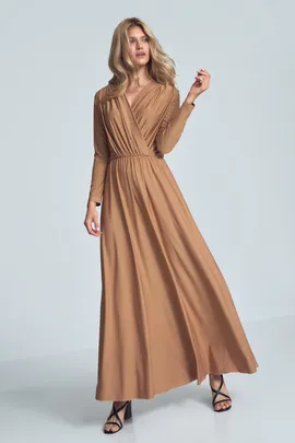 Elegancka beżowa sukienka maxi z długim rękawem i dekoltem kopertowym - M705 rozmiar L