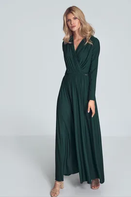 Elegancka zielona sukienka maxi z długim rękawem i dekoltem kopertowym - M705 rozmiar L