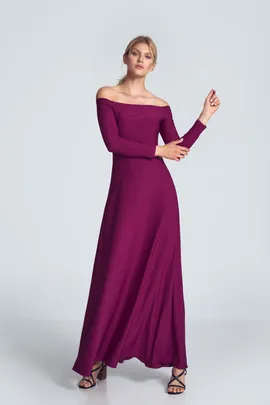 Elegancka fuksjowa sukienka maxi z odkrytymi ramionami i długimi rękawami - M707 rozmiar L