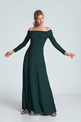 Elegancka zielona sukienka maxi z odkrytymi ramionami i długimi rękawami - M707 rozmiar L