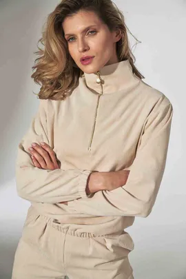 Bluza sztruksowa damska - rozpinana bluza damska ze stójką beżowa M741 rozmiar L