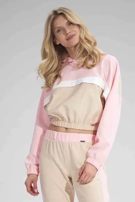Krótka bluza ze ściągaczem - bluza z kapturem beżowo-różowa M757 rozmiar L