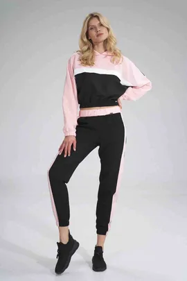 Krótka bluza ze ściągaczem - bluza z kapturem czarno-różowa M757 rozmiar XL