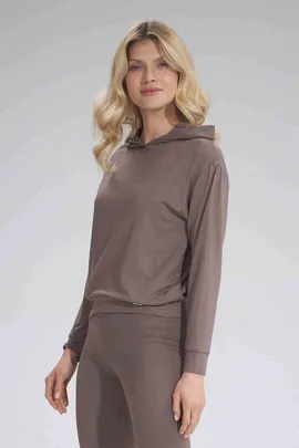 Cienka bluza damska - damska bluza z kapturem brązowa M770 rozmiar M