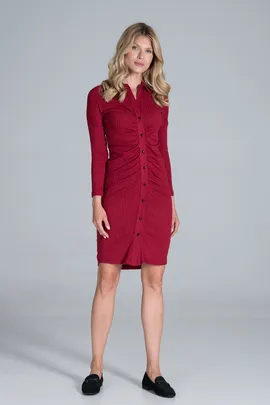 Elegancka prążkowana sukienka koszulowa midi z długim rękawem czerwona - M824 rozmiar L