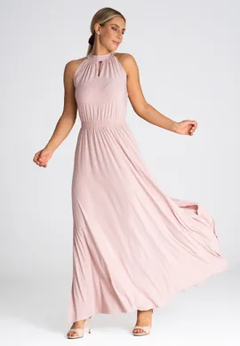 Długa sukienka wieczorowa - Elegancka sukienka ze stójką różowa M945 rozmiar L